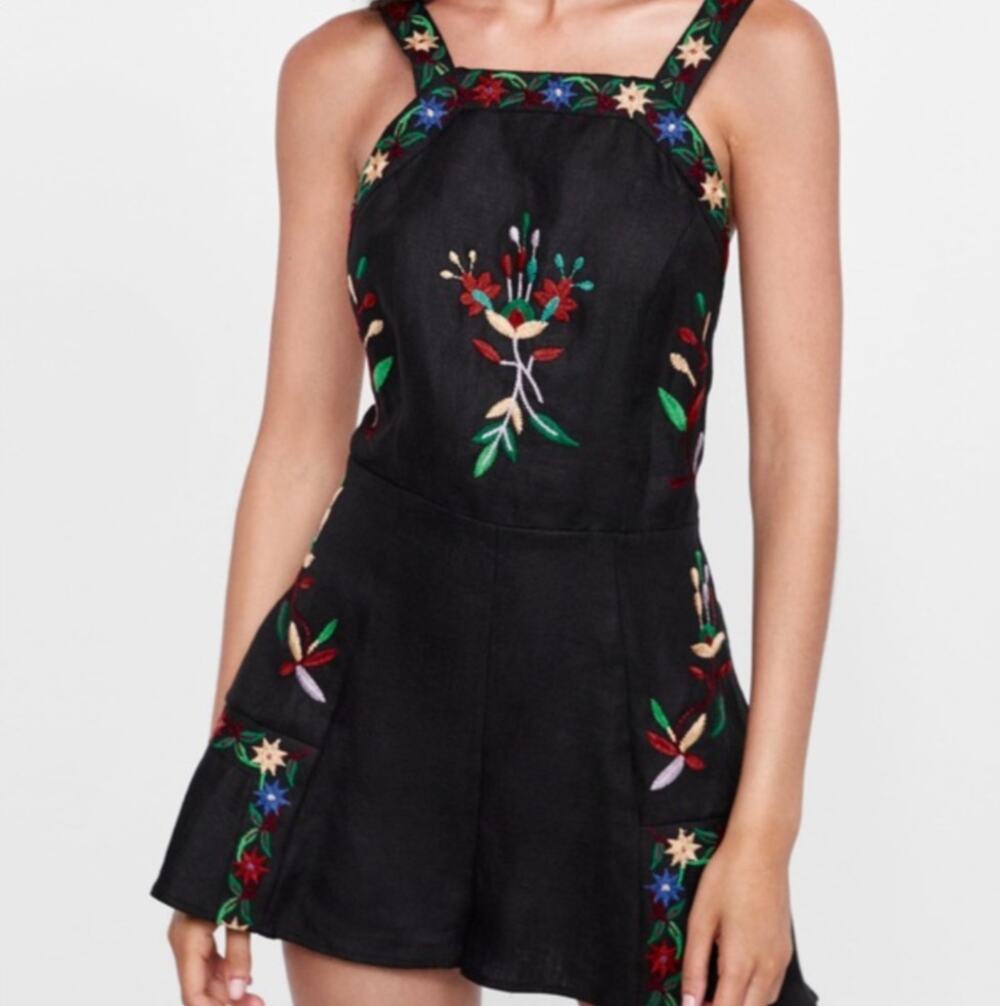 ZARA Women Black Multi Romper Floral Linen Embroidered Back Zip Size Large L